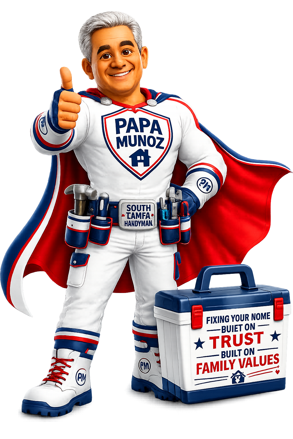 Papa Muñoz as a superhero in a cape, giving a thumbs up next to his toolbox